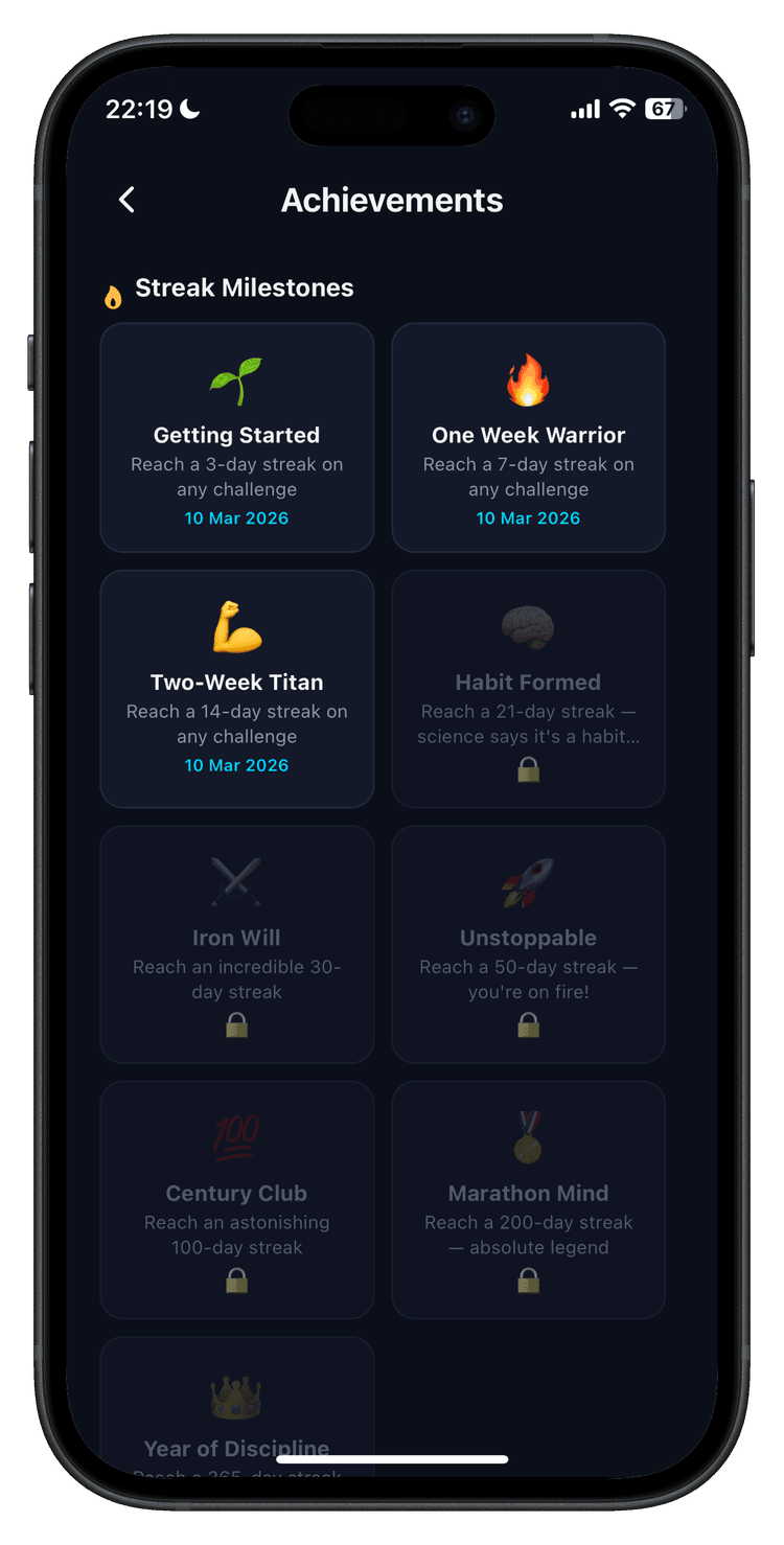 Achievement badges organized by category with progress bars