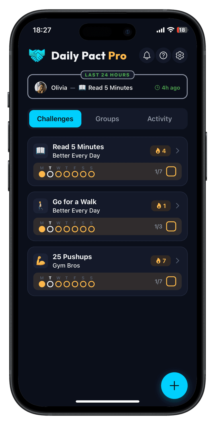 Daily Pact app — challenge overview with one-tap check-in
